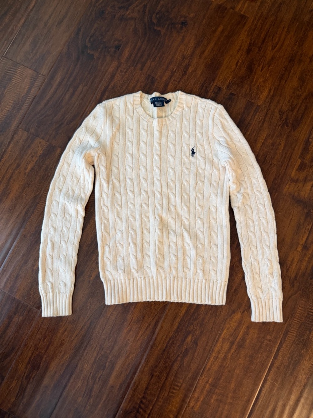 Ralph Lauren Cream Cable-Knit Crewneck Sweater with Navy Pony - Picture 2 of 3